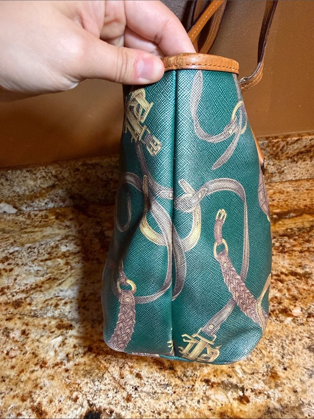 Ralph Lauren Green Printed Tote Bag with Tan Trim